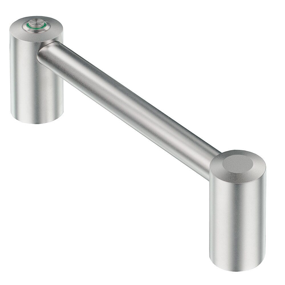 Stainless steel metallic handle with two cylindrical mounts and a push button with green ring on one mount