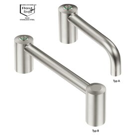 Two stainless steel functional handles labeled Type A with a curved ledge and Type B with a straight ledge, both with cylindrical mounting bases and push buttons on top.