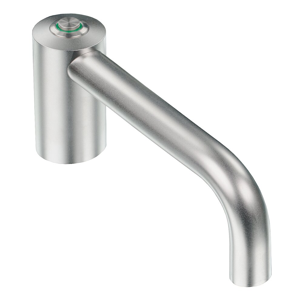 Stainless steel handle FG15 with a cylindrical base and curved lever, featuring a circular push button with green ring on top