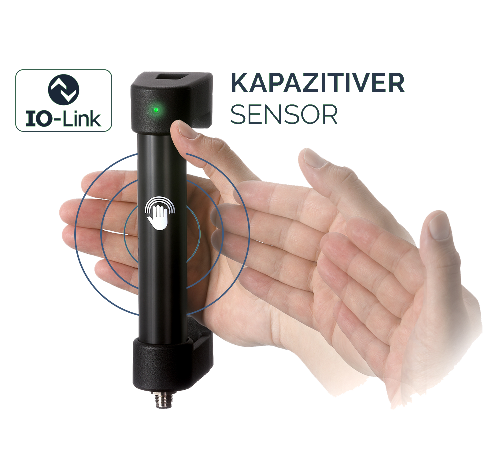Schwarzer kapazitiver Sensor mit grünem LED-Licht und Hand-Symbol, vor transparenten Händen; daneben das IO-Link-Logo und der Schriftzug Kapazitiver Sensor