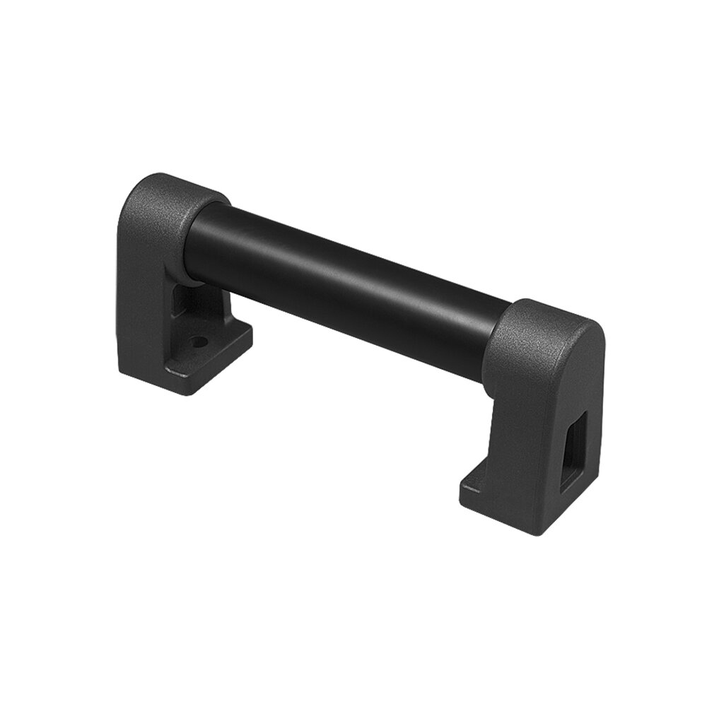 Black industrial handle with tubular grip and two mounting ends with holes for screws
