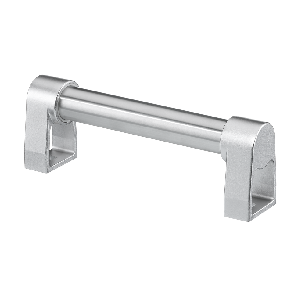 Silver metallic handle with cylindrical grip and trapezoidal end supports on white background