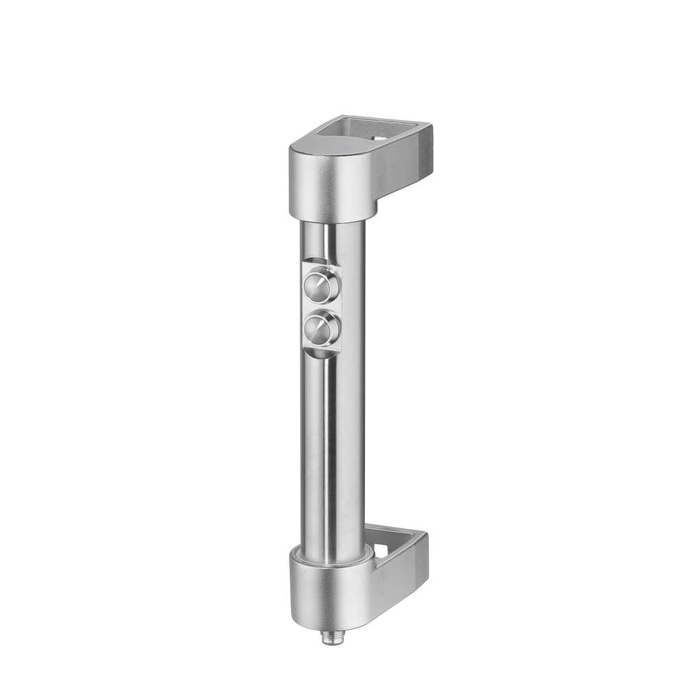 Stainless steel cylindrical handle with two vertically aligned push-buttons and square cutouts on grip ends, against a white background.