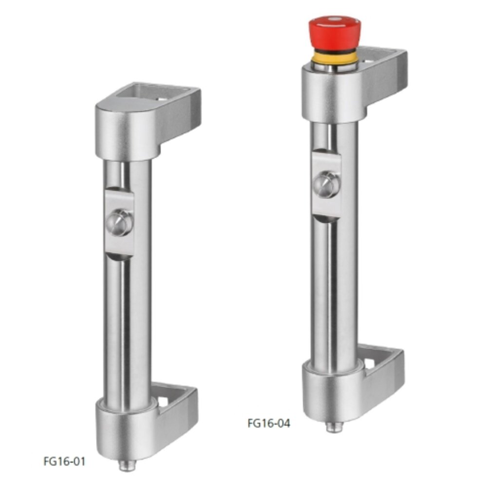 Two stainless steel industrial handles labeled FG16-01 and FG16-04; FG16-01 has a push-button, FG16-04 has a red emergency stop button and a push-button