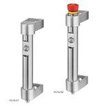 Two stainless steel industrial handles labeled FG16-01 and FG16-04; FG16-01 has a push-button, FG16-04 has a red emergency stop button and a push-button