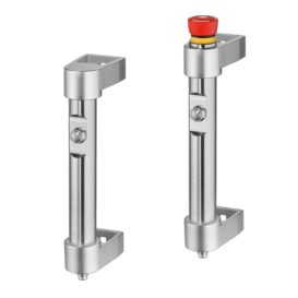 Two stainless steel functional handles FG16-01 and FG16-04 on a white background, one with a red emergency stop button and the other with a regular push-button