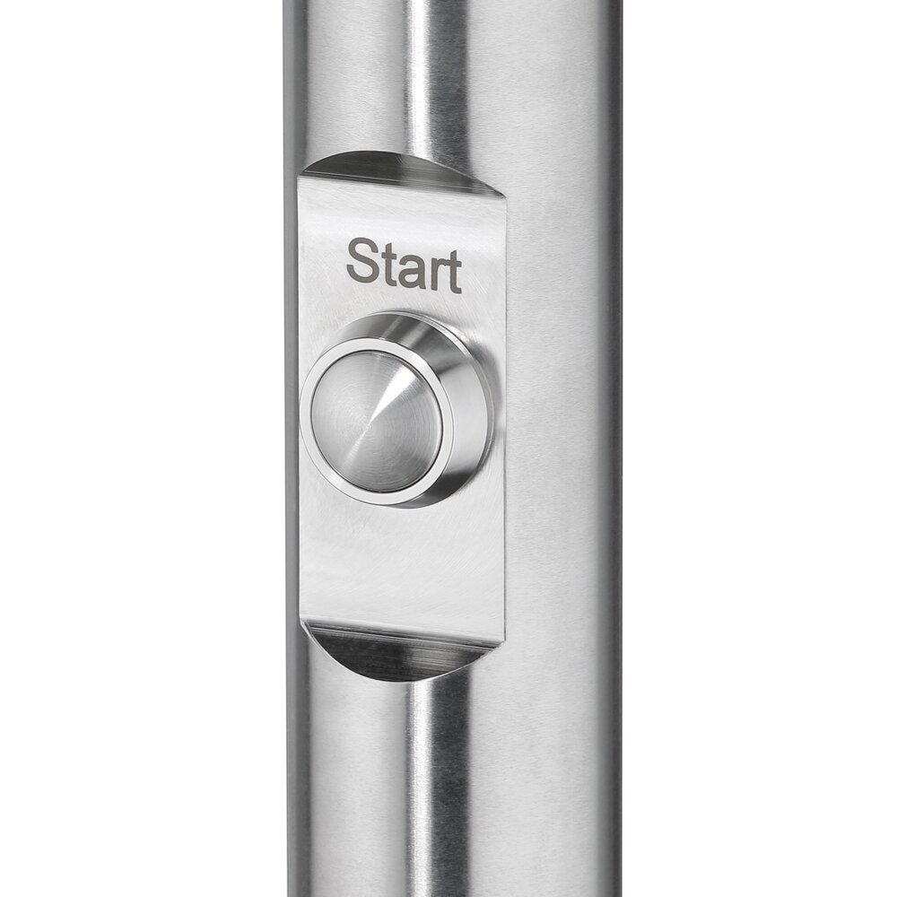Close-up of a stainless steel push-button labeled 'Start' on a cylindrical metallic surface