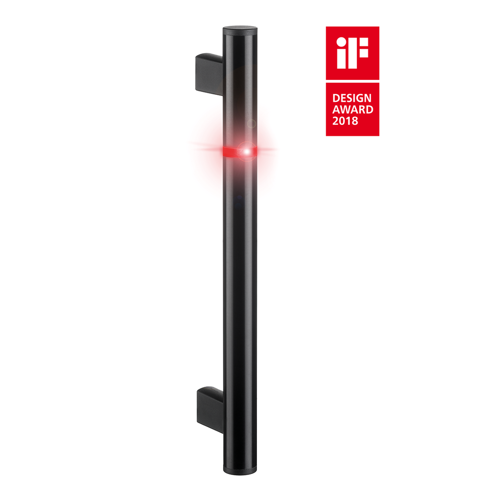 Black cylindrical handle with a red LED indicator light ring in the middle and two black mounts, iF Design Award 2018 logo displayed beside it.