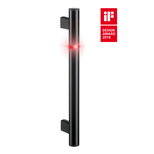 Black cylindrical handle with a red LED indicator light ring in the middle and two black mounts, iF Design Award 2018 logo displayed beside it.