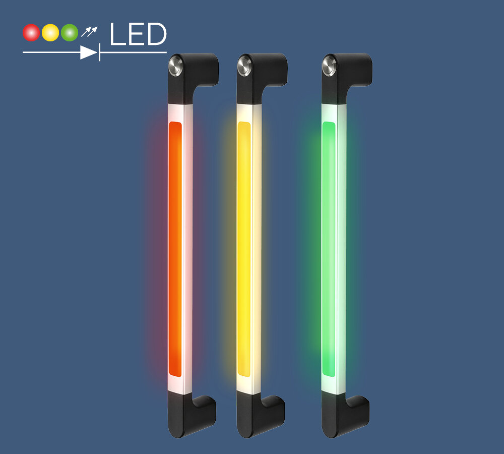 Three vertical LED neon handles with black end caps illuminated in red, yellow, and green colors against a blue background, with an LED symbol and colored circles above.