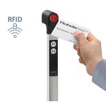 Close-up of FG4-T transponder handle with two push-buttons labeled F1 and F2, two LEDs, and a hand holding an RFID card near the handle's transponder reader area.