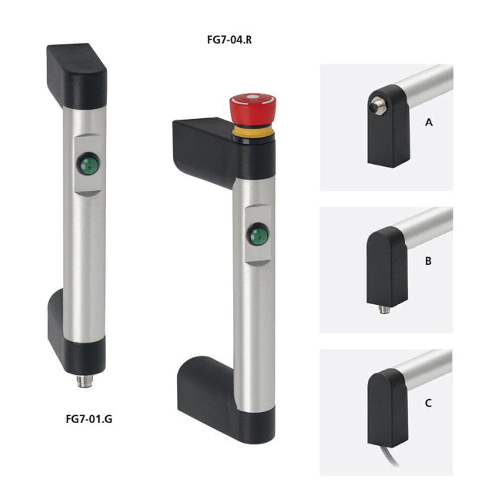 Handles FG7-01 and FG7-04 with integrated push button LEDs and emergency stop button showing three types of couplings labeled A, B, and C