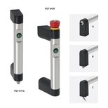 Handles FG7-01 and FG7-04 with integrated push button LEDs and emergency stop button showing three types of couplings labeled A, B, and C