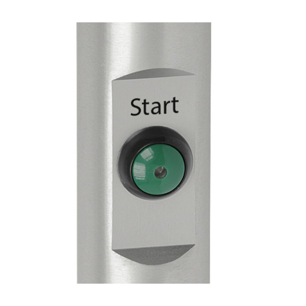 Cylindrical alloy handle with embedded green push button labeled 'Start' in black text on a rectangular metallic panel