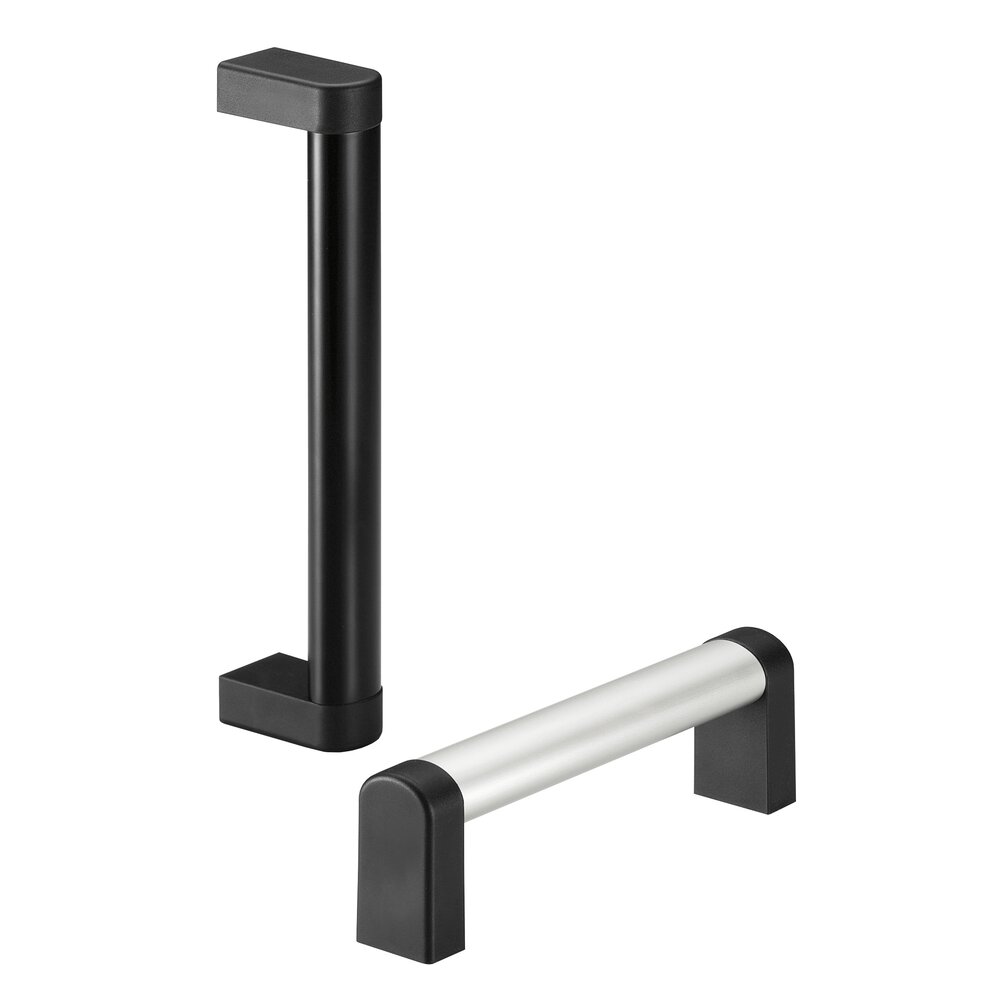 Two modern handles; one vertical black handle and one horizontal silver aluminium handle with black ends.