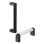 Two modern handles; one vertical black handle and one horizontal silver aluminium handle with black ends.
