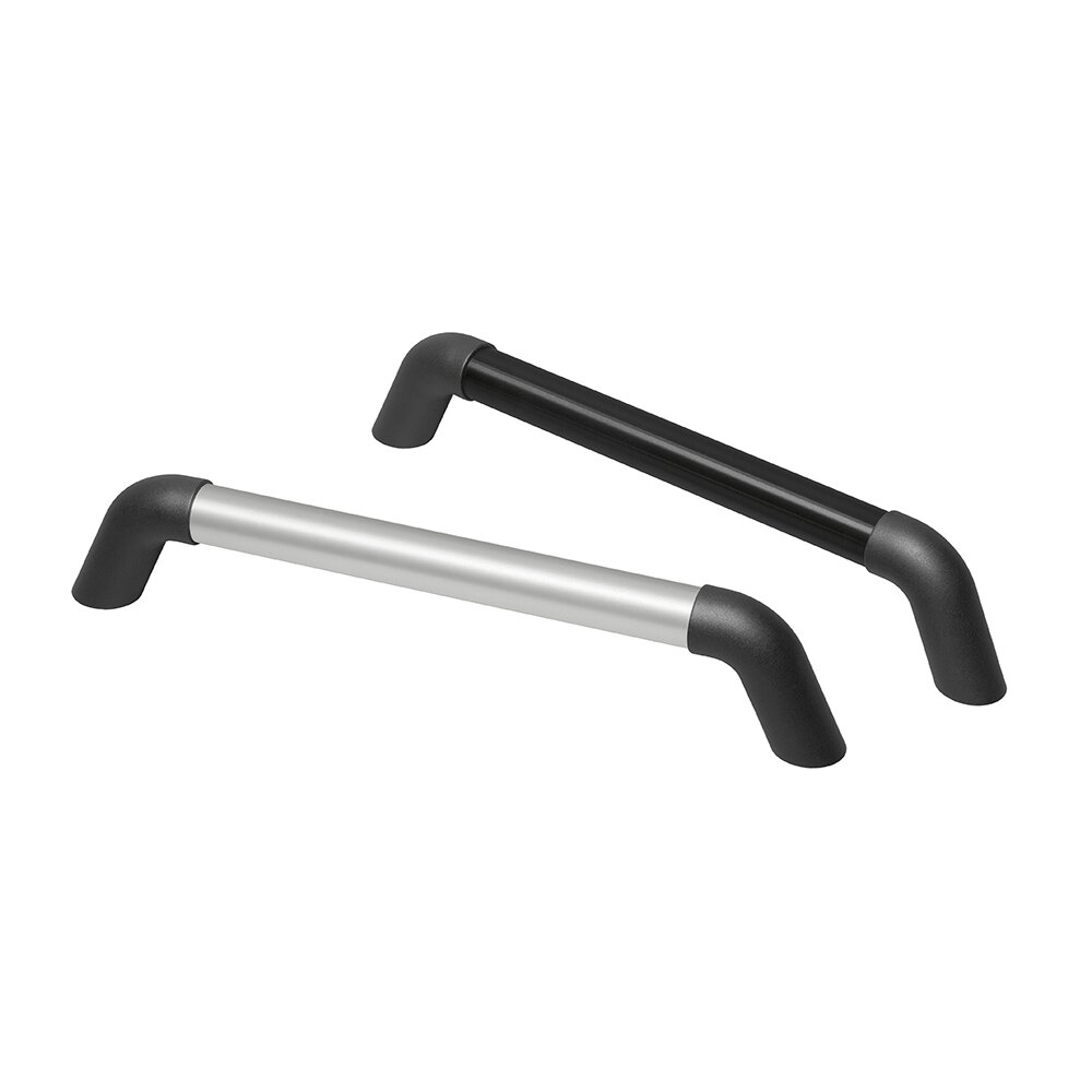 Two handles of single elements on white background, one black and the other silver with black ends