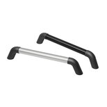 Two handles of single elements on white background, one black and the other silver with black ends