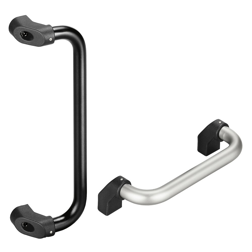 Two offset machine handles, one black and one silver, with black mounting ends and screw holes for front sided screw attachment.