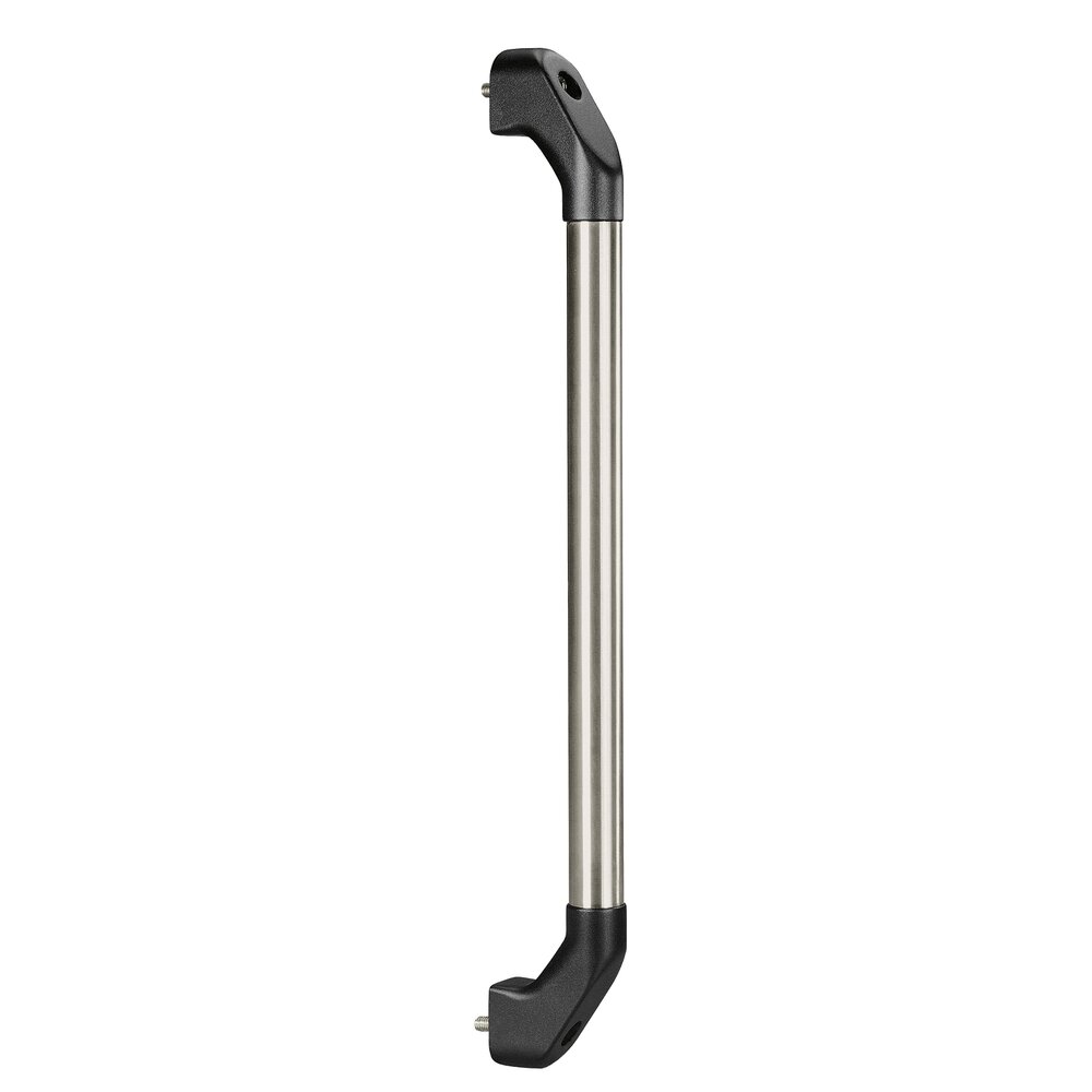 Single-element handle consisting of a smooth silver aluminium tube with black plastic shanks at both ends equipped with mounting screws