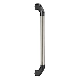 Single-element handle consisting of a smooth silver aluminium tube with black plastic shanks at both ends equipped with mounting screws
