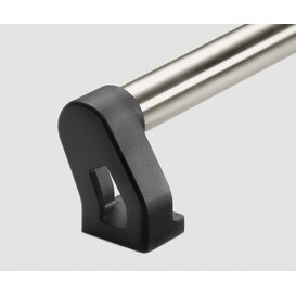 Close-up of an angled black polyamide handle shank attached to a smooth anodized aluminium tube on a light background