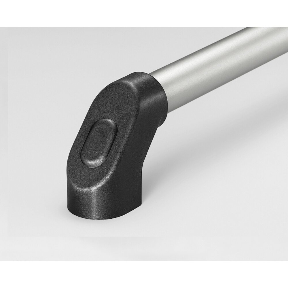 Close-up view of a black polyamide end cap fitted onto a silver anodized aluminium handle tube.