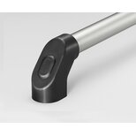 Close-up view of a black polyamide end cap fitted onto a silver anodized aluminium handle tube.
