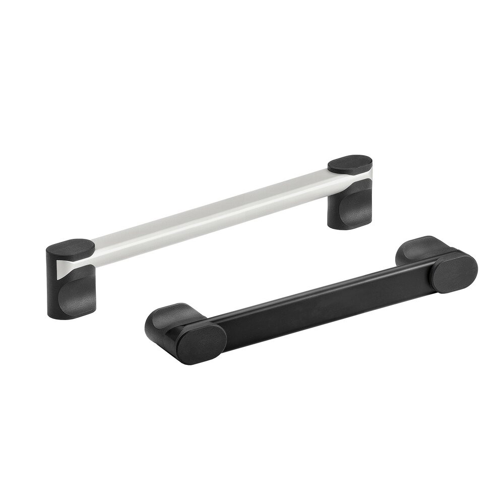 Two VM-30 aluminium handles with oval profile; one natural colored with black ends, one completely black, both isolated on white background