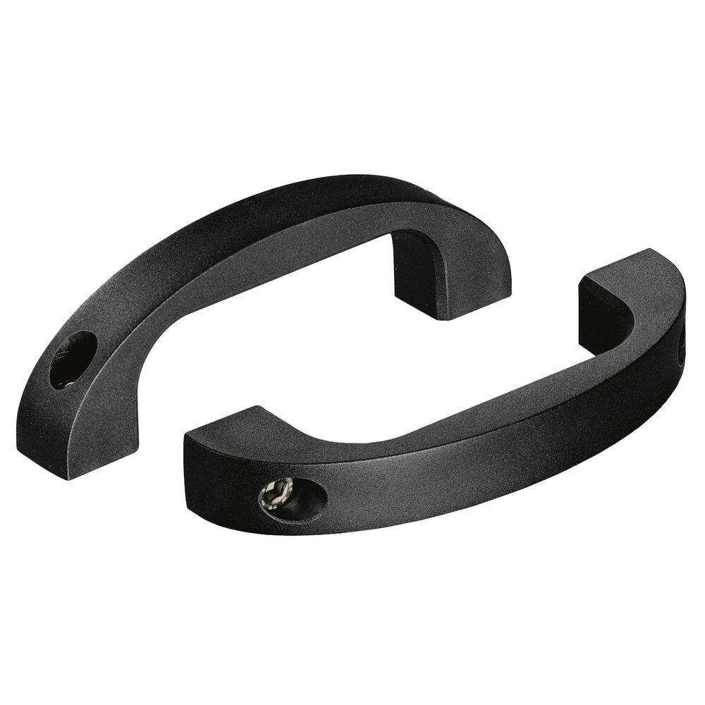 Two black plastic bow-type handles made of duroplastic with mounting holes on each end
