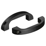 Two black plastic bow-type handles made of duroplastic with mounting holes on each end