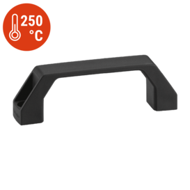 Black polyphthalamide plastic handle with mounting holes, accompanied by a red circular icon showing thermometer and 250°C symbol.