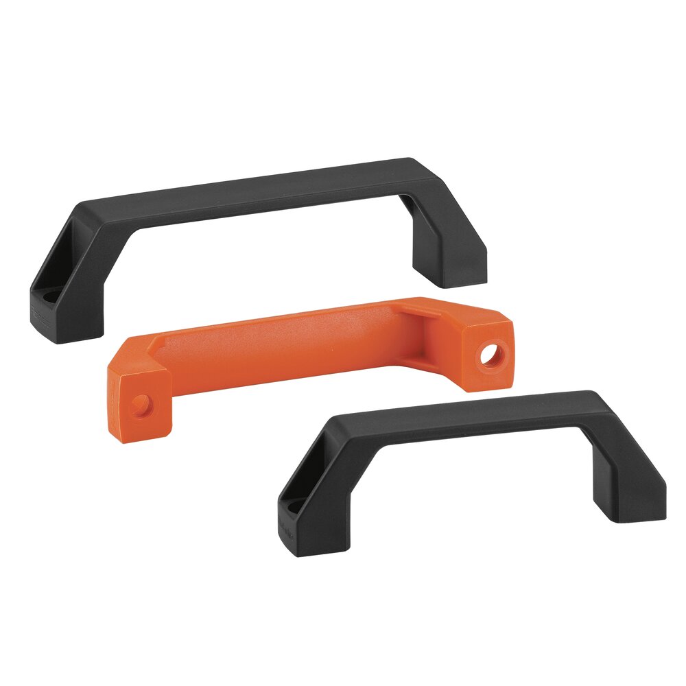 Three plastic bow-type handles, two black and one orange, with mounting holes at each end on white background