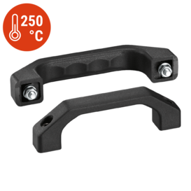 Two black plastic handles with fine textured surface, one equipped with metal screws and nuts, shown on a white background with a red icon indicating 250°C temperature resistance