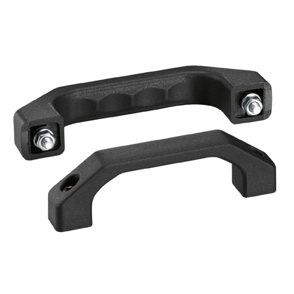 Two black plastic bow-type handles, one fitted with metal screws, nuts, and washers, shown on a white background