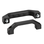 Two black plastic bow-type handles, one fitted with metal screws, nuts, and washers, shown on a white background