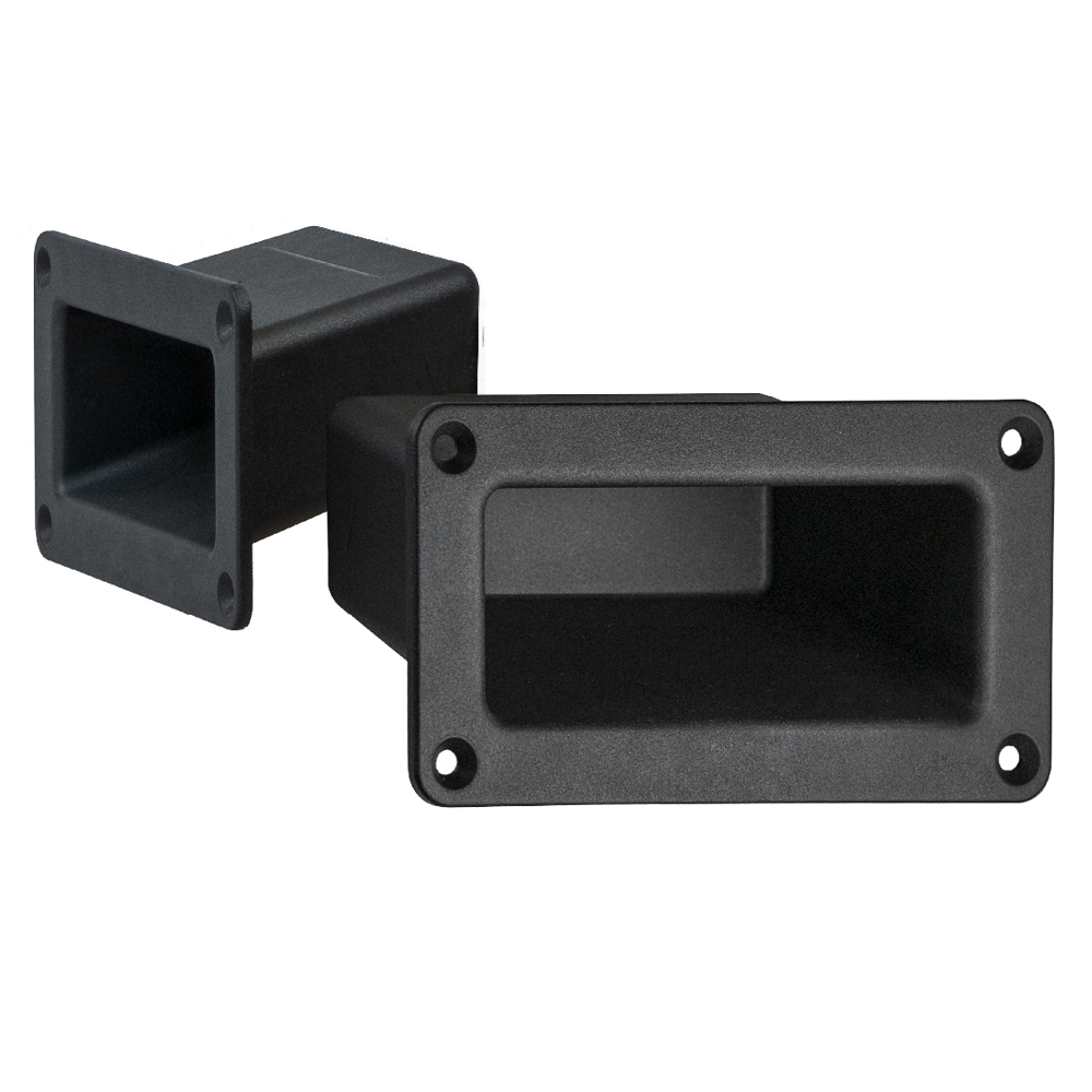 Two black rectangular KM-55 ergonomic handles with extra deep recesses and four countersunk mounting holes on each flange | © Rohde AG