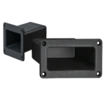 Two black rectangular KM-55 ergonomic handles with extra deep recesses and four countersunk mounting holes on each flange | © Rohde AG