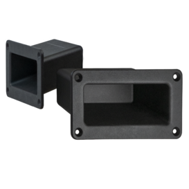 Two black rectangular KM-55 ergonomic handles with extra deep recesses and four countersunk mounting holes on each flange | © Rohde AG