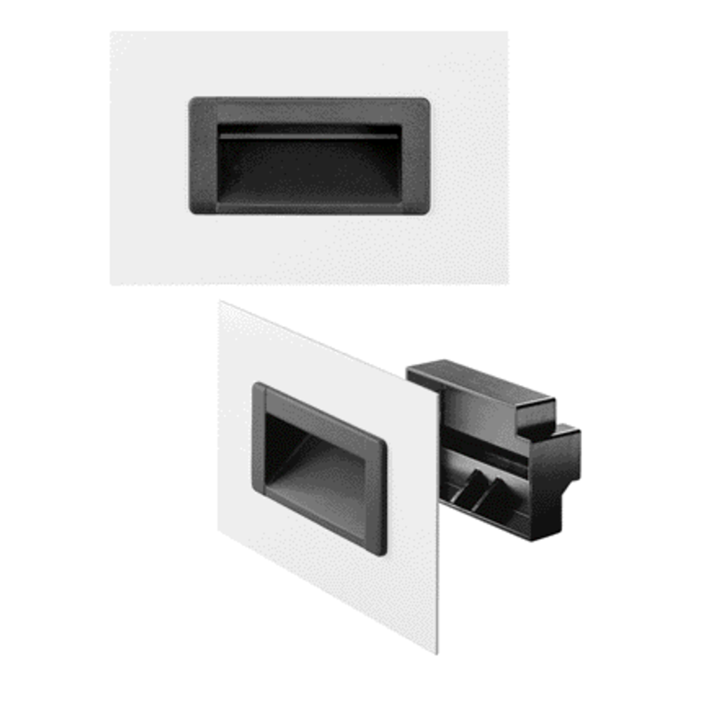 Rectangular black plastic inset handle mounted on a light-colored panel shown from front and angled side views