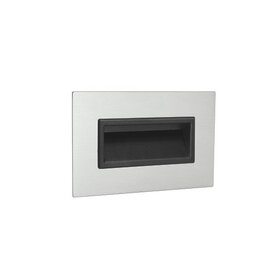 Rectangular black inset handle mounted flush on a brushed metal plate with a recessed grip area.