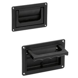 Two black rectangular tray handles made of polyamide PA6, one folded and one extended, each with mounting plates and screw holes at corners.