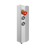 An aluminum switch housing with a red emergency stop button and two black and white circular push buttons, mounted vertically.