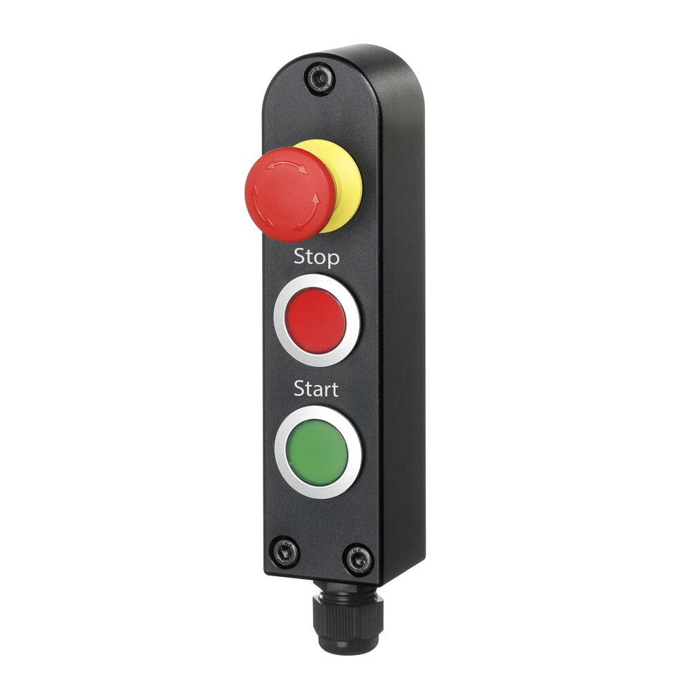 Black rectangular TG4 switch housing with a red emergency stop button, red stop button, and green start button on the front panel, with cable gland at the bottom