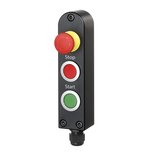 Black rectangular TG4 switch housing with a red emergency stop button, red stop button, and green start button on the front panel, with cable gland at the bottom