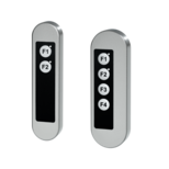 Zwei Funktionsgriffe aus Edelstahl mit Folientastaturen: links schmal mit 2 Tasten, rechts breit mit 4 Tasten, jeweils mit weißer Beschriftung F1 bis F4 auf schwarzem Hintergrund.