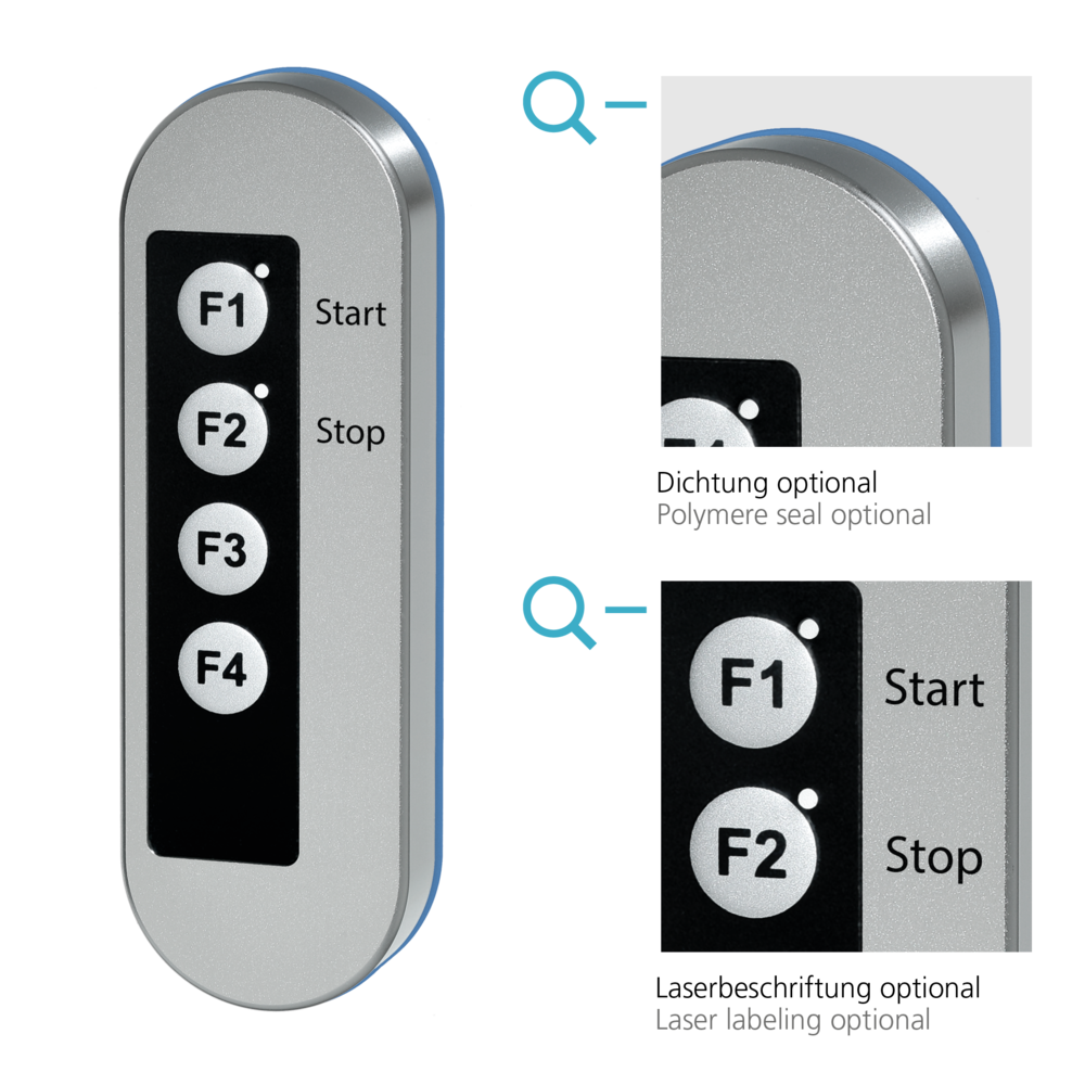 Funktionsgriff TG6 aus Edelstahl mit vier Tasten F1 bis F4 und Start-Stop Beschriftung, zeigt Detailansichten von Polymerdichtung und Laserbeschriftung