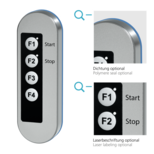 Funktionsgriff TG6 aus Edelstahl mit vier Tasten F1 bis F4 und Start-Stop Beschriftung, zeigt Detailansichten von Polymerdichtung und Laserbeschriftung