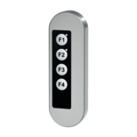 Silberner länglicher Funktionsgriff aus Edelstahl mit vier Tasten (F1 bis F4) auf schwarzem Hintergrund