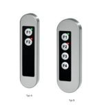 Two stainless steel TG6 switch housings, Typ A with two push buttons labeled F1 and F2 with LED indicators, and Typ B with four buttons labeled F1 to F4 with LED indicators on a black background.